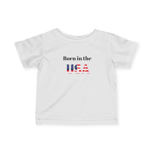 Baby's infant tee shirt with "Born in the USA" patriotic design, soft cotton kids' clothing by Printify.