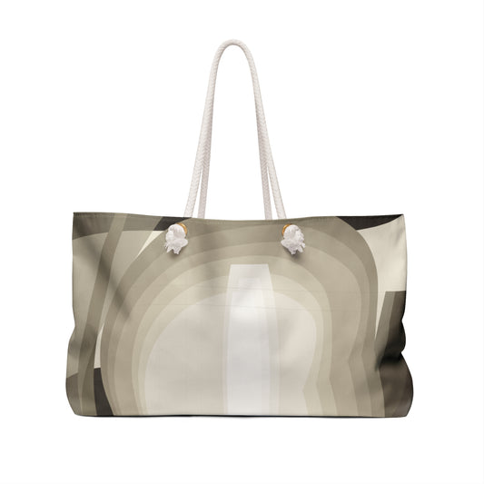 Beige weekender bag with neutral abstract geode and stone strata pattern, stylish Printify bags for travel or daily use.