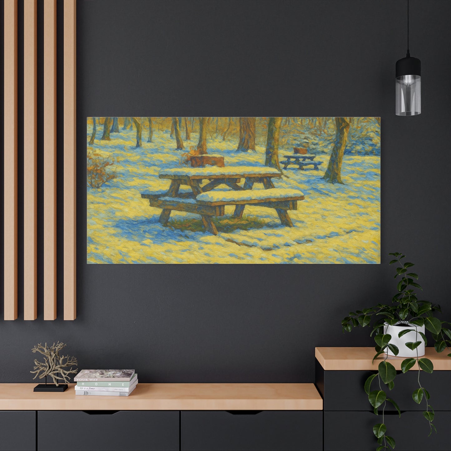 Winter picnic canvas print featuring a snow-covered park bench, wall art by Printify, ideal for cozy seasonal decor