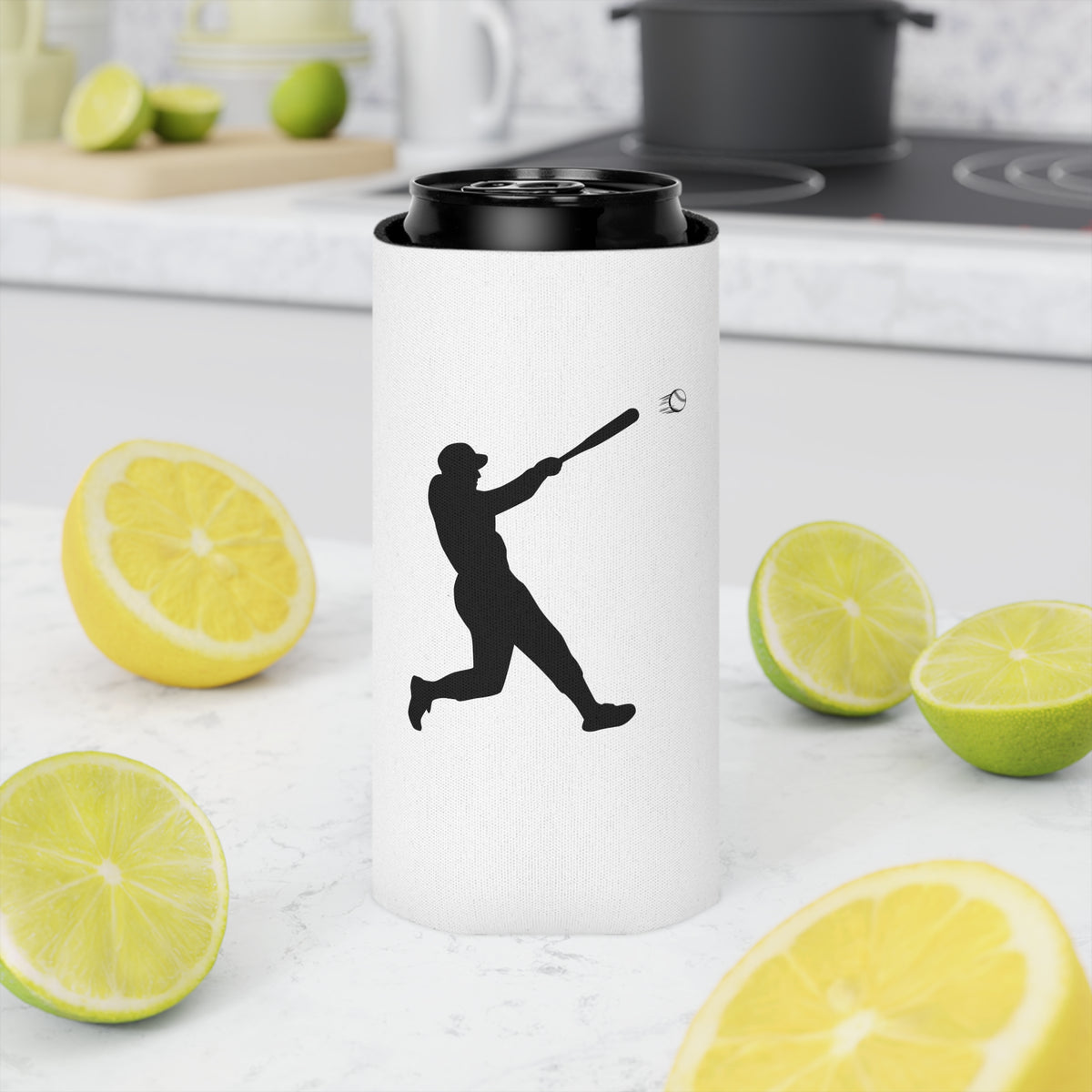 Baseball silhouette can cooler featuring a batting player design, perfect for keeping drinks cold at sports events.