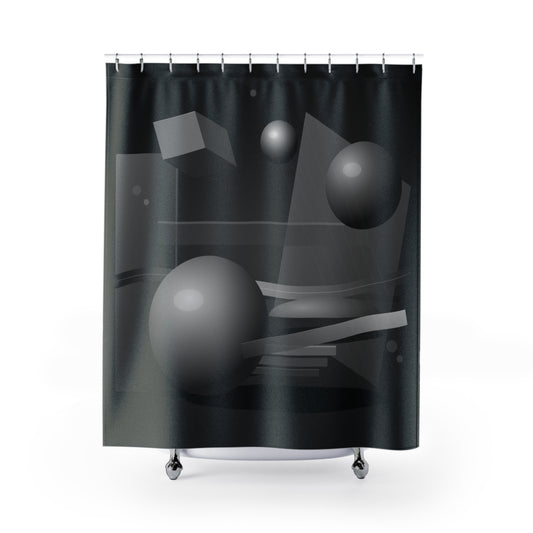 Monochrome 3D shapes shower curtain with abstract geometric design for modern bathroom decor, featuring black and white patterns.