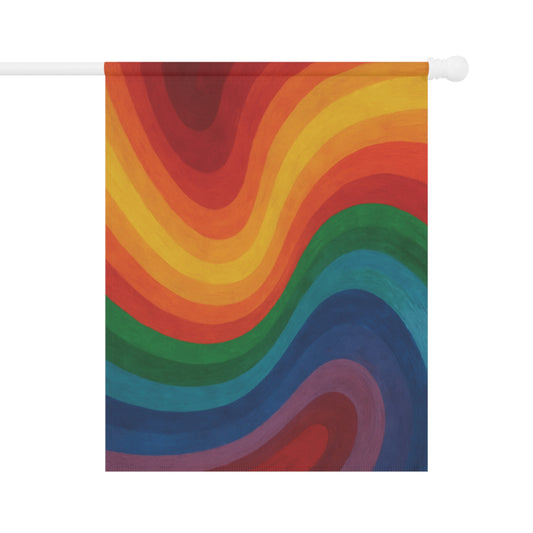 Colorful rainbow garden flag with vibrant stripes, outdoor yard flag for garden decor, by Printify.