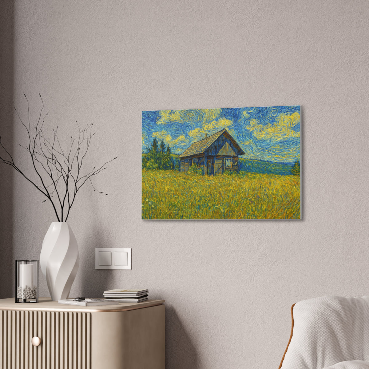 Starry Field Barn canvas print by Printify showing a scenic rural landscape with a barn under a starry night sky.