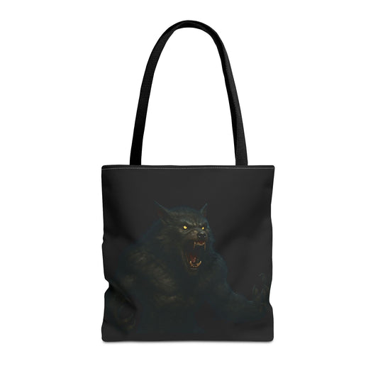 Werewolf tote bag with dark Halloween art, ideal for horror fans, made by Printify, featuring a spooky wolf design on canvas.