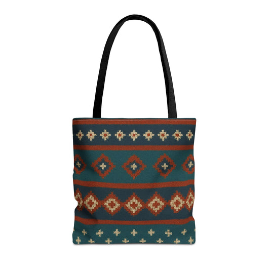 Southwestern diamond pattern tote bag with Aztec tribal geometric print featuring sturdy handles and vibrant design.