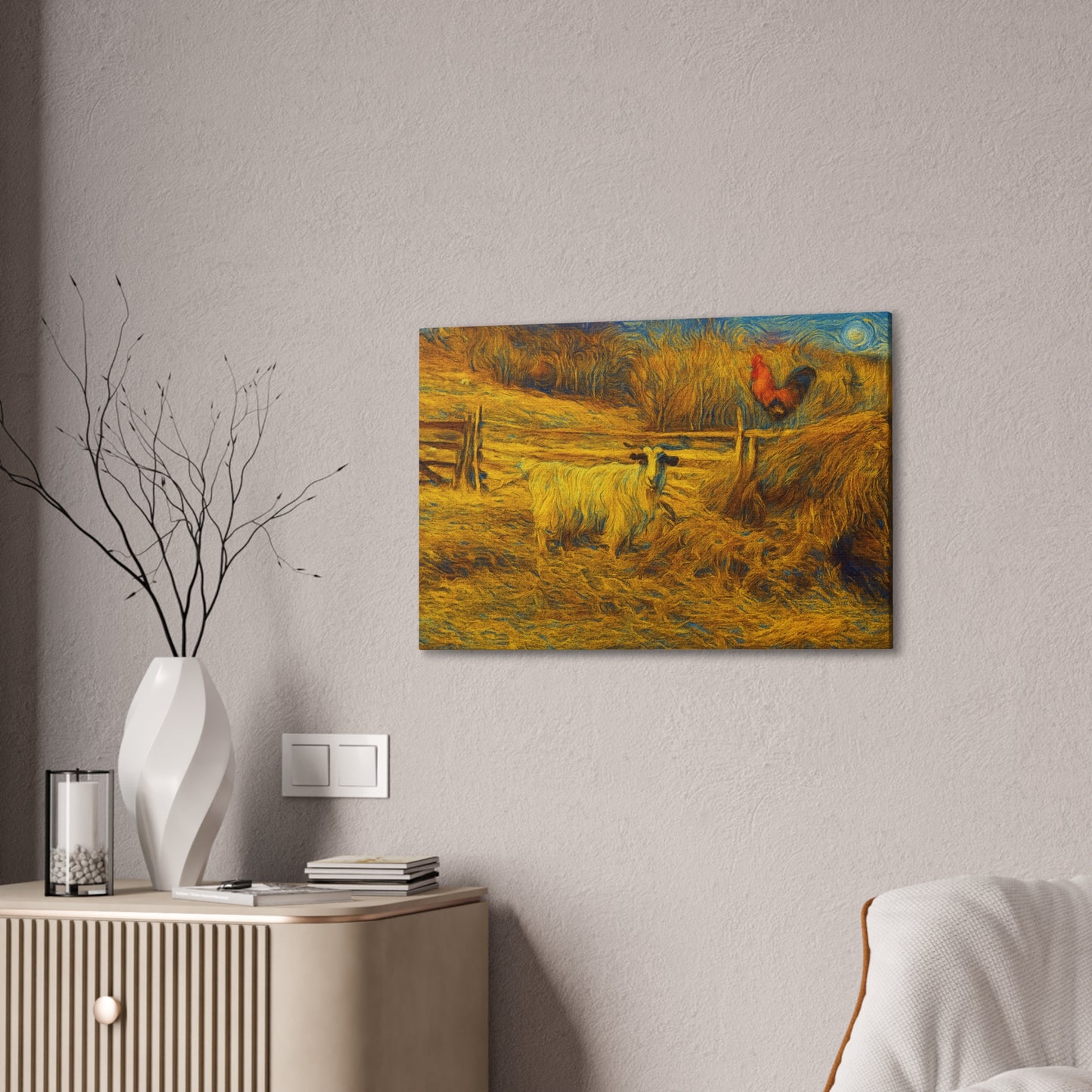 Rustic farmhouse canvas print featuring a goat and rooster, perfect as a gift for farmers, by Printify.