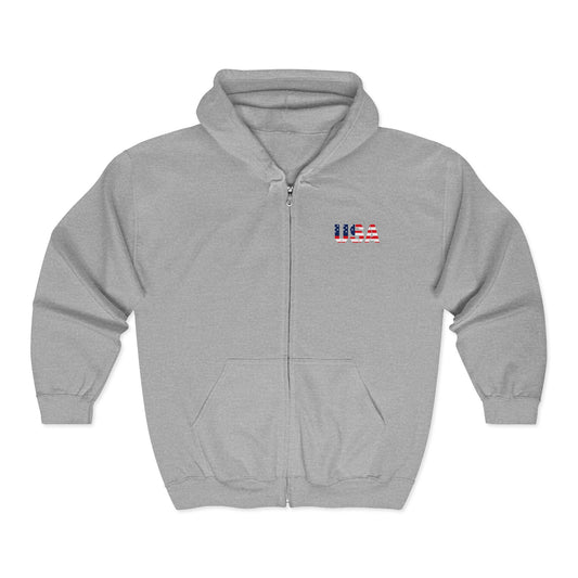 American flag full-zip hoodie by Printify, patriotic zip-up sweatshirt featuring red, white, and blue flag design.