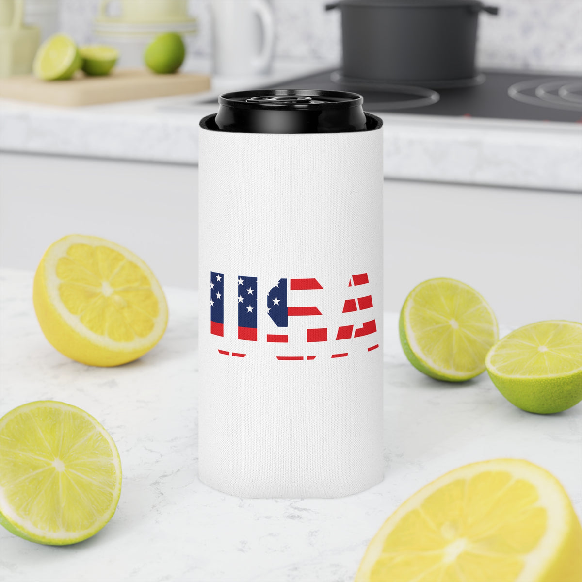 USA flag can cooler, patriotic beer koozie for 4th of July and Memorial Day, Printify accessories, fits standard cans.