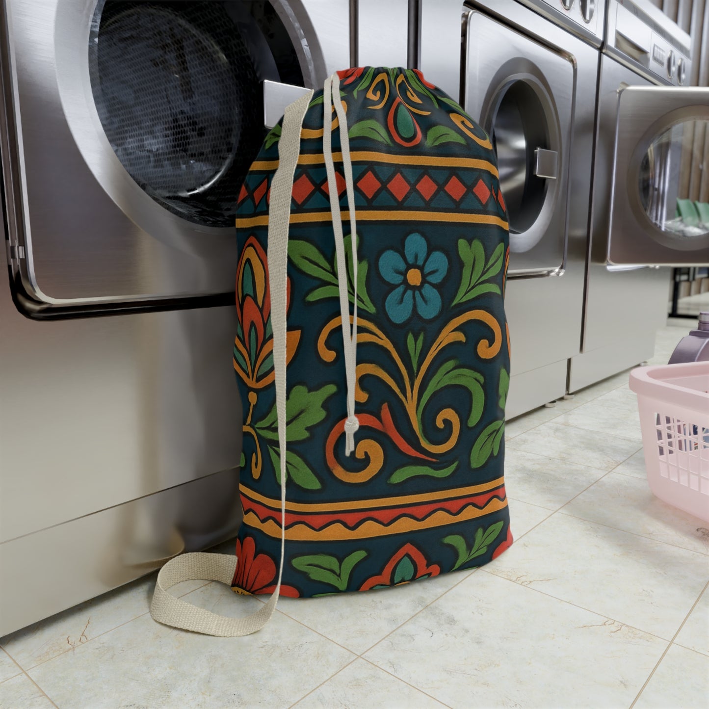 Boho floral print laundry bag with drawstring closure, featuring folk floral patterns from Printify.
