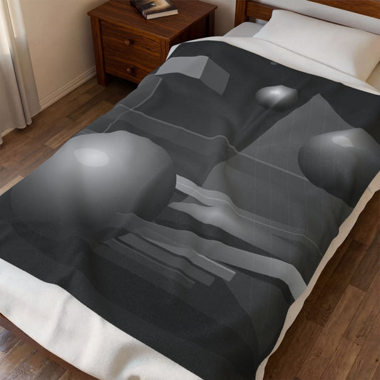 Velveteen plush blanket with 3D geometric spheres and abstract cube design, featuring colorful all-over print by Printify.