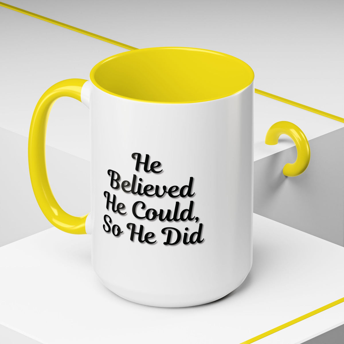 Printify inspirational coffee mug with the phrase "He Believed He Could So He Did" in bold print, ceramic mug for motivational use.