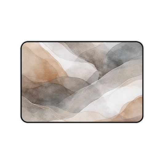Neutral watercolor waves desk mat with abstract beige and gray design, ideal for mouse pads and desk accessories.