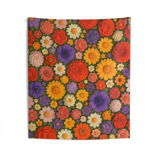Colorful floral retro bloom tapestry by Printify featuring vintage flower wall hanging with vibrant, detailed flower patterns.