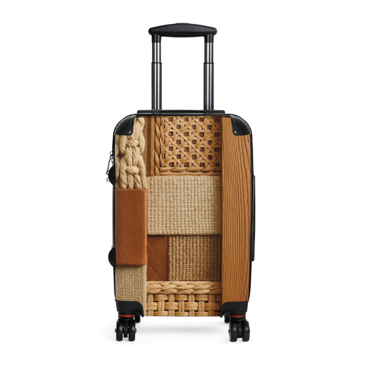 Woven patchwork carry-on suitcase with rattan and knit design, lightweight travel luggage by Printify, suitable for stylish travel.