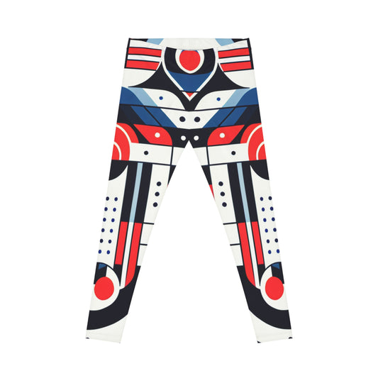 Red, white, and blue geometric tribal print leggings by Printify featuring all-over tribal pattern activewear design.