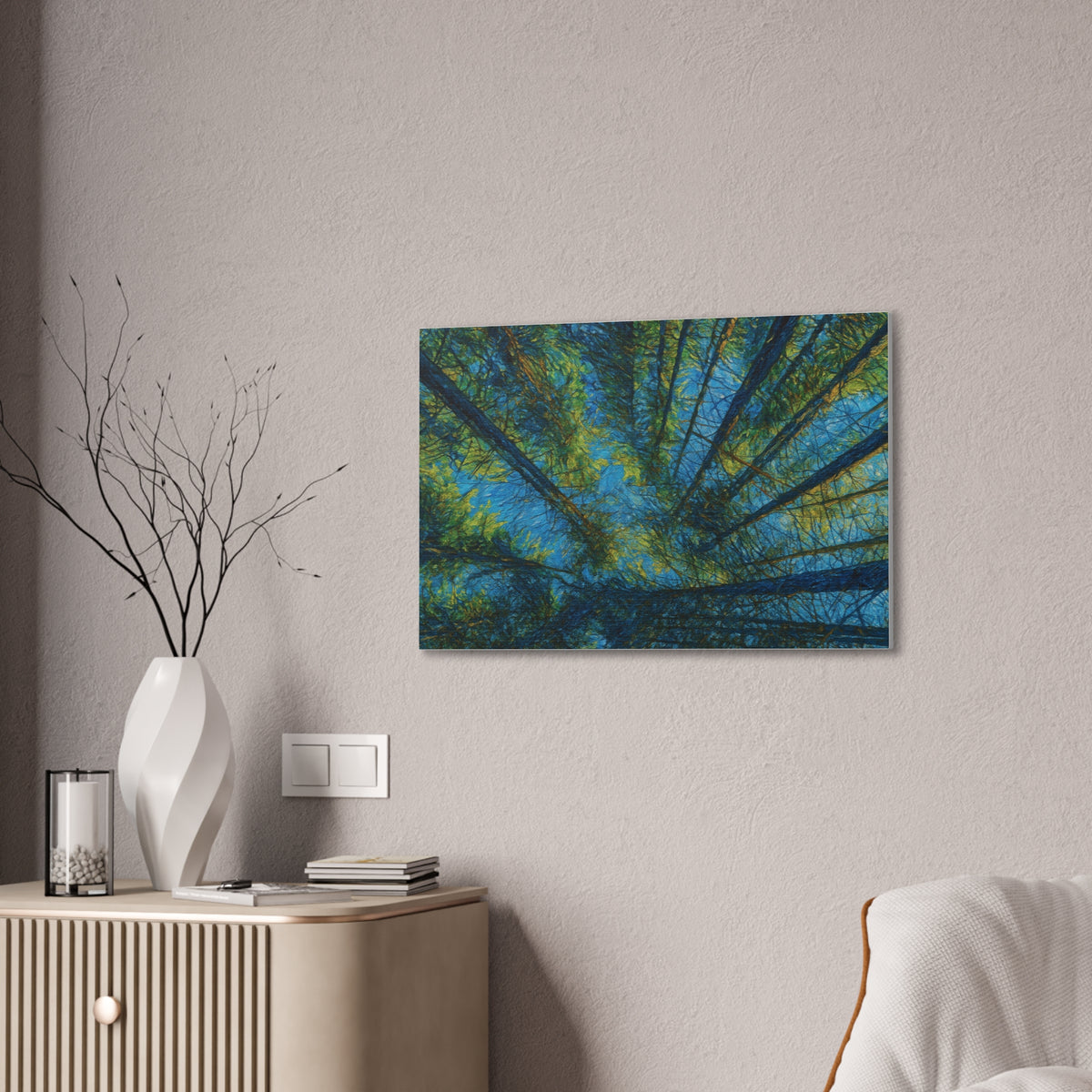 Forest Canopy Canvas Print featuring an upward view of trees, wall art on stretched canvas by Printify.