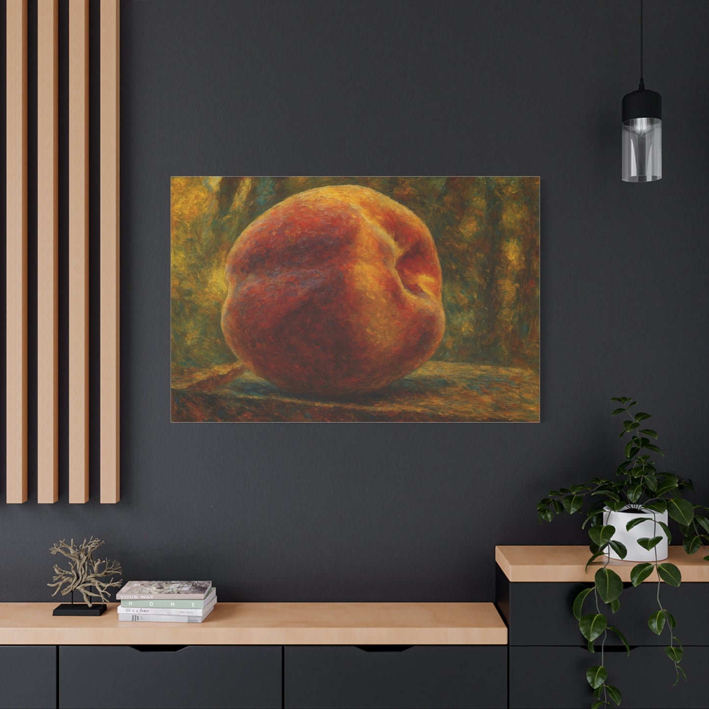 Peach still life matte canvas print by Printify, stretched 1.25-inch wall art featuring a vibrant peach fruit design.