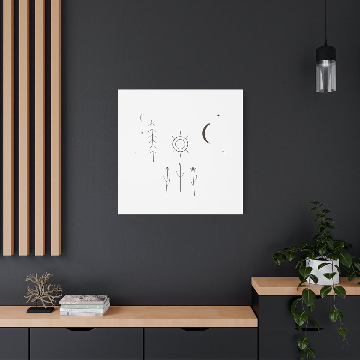 Minimal Sun and Moon botanical canvas wall art by Printify featuring a stretched matte finish and nature-inspired design.