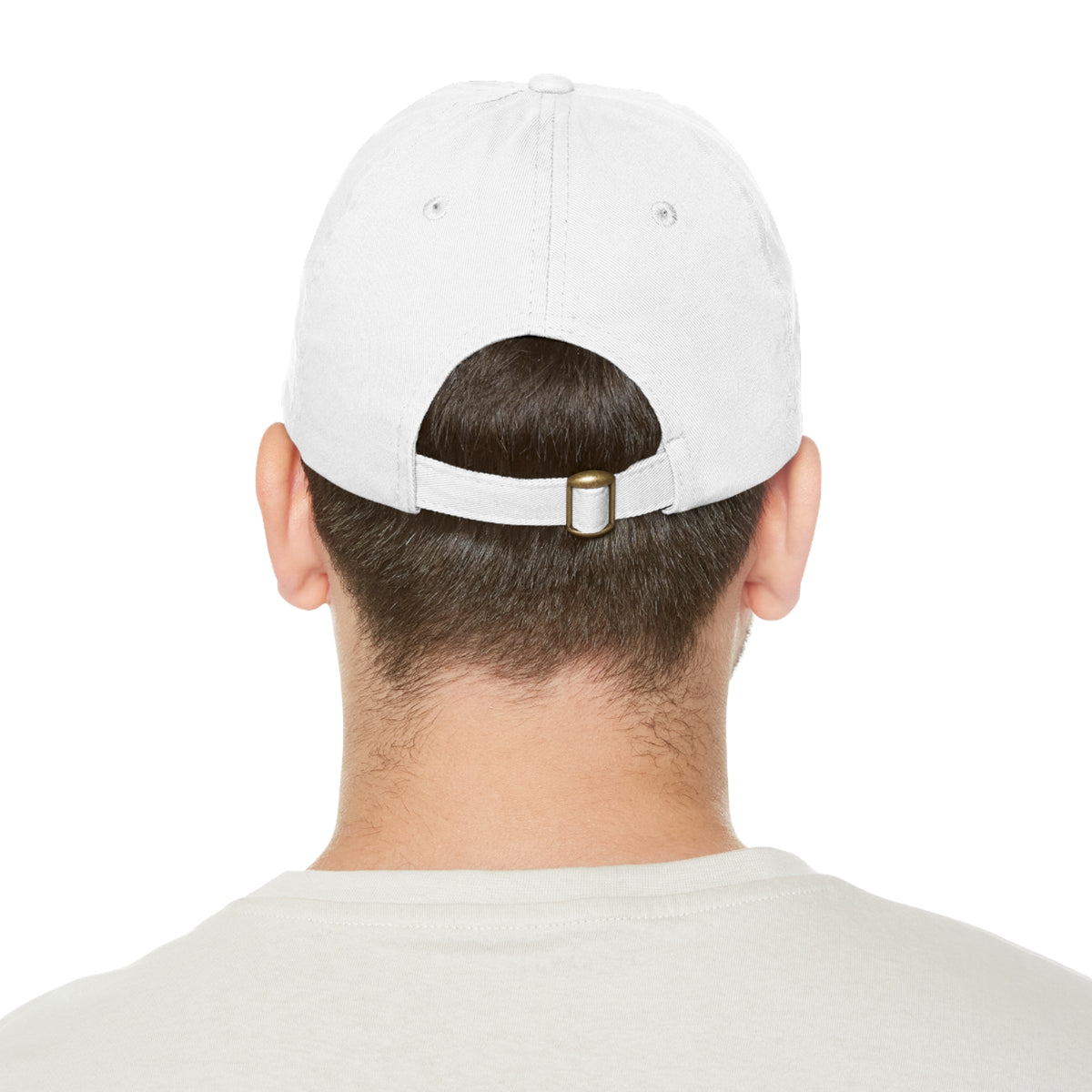 Printify dad hat with leather rectangle patch, casual hat featuring adjustable strap and stitched branding detail.