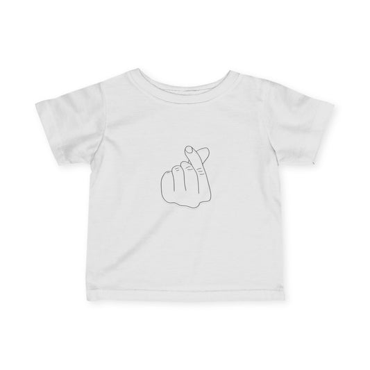 Cute infant t-shirt with love hand gesture print, featuring soft fabric and comfortable fit for kids by Printify.