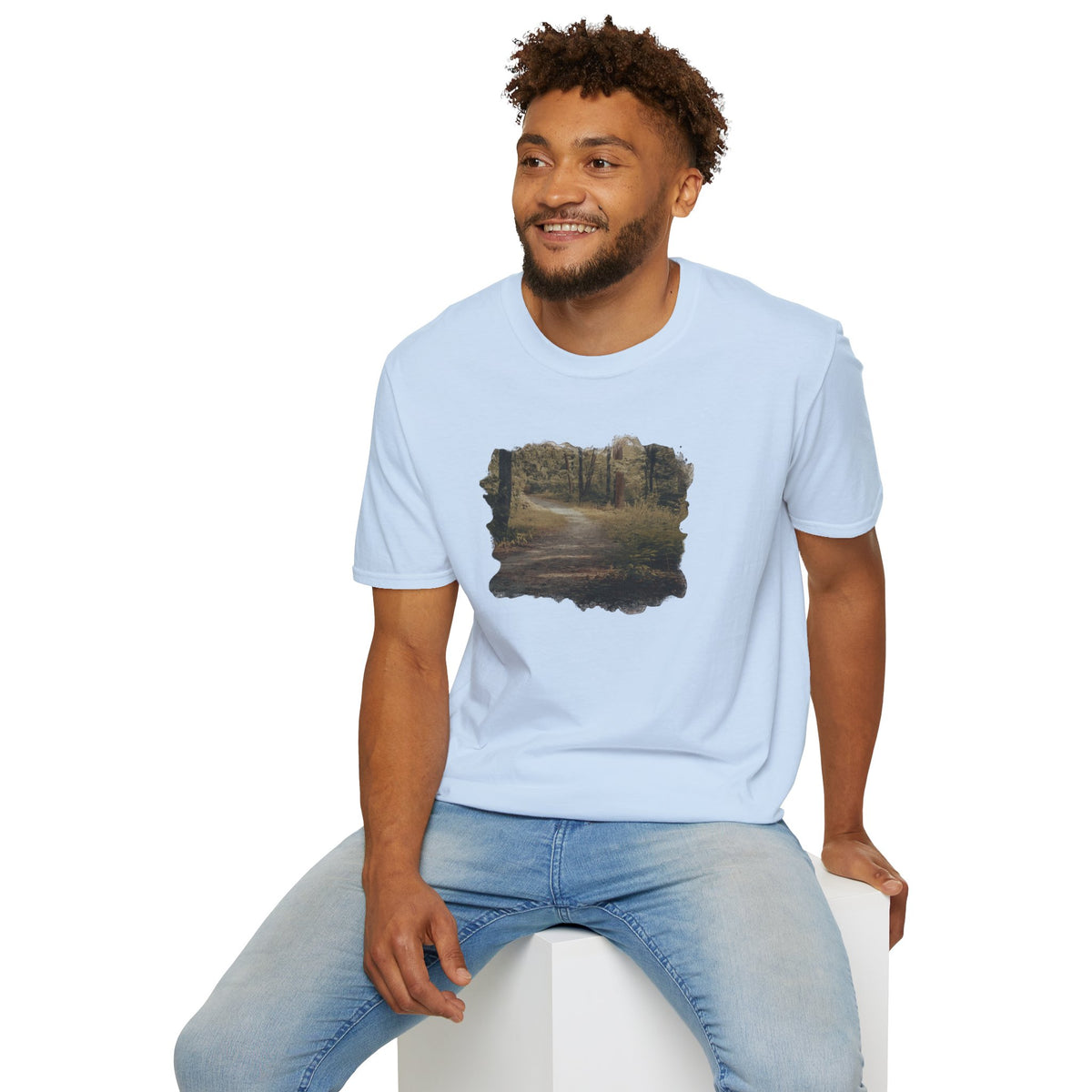 Vintage forest landscape T-shirt by Printify featuring a nature pathway design on a casual cotton tee.