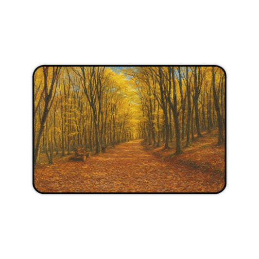 Autumn Forest Path desk mat with fall leaves scenic design, Printify mousepad for computer desk protection and style.