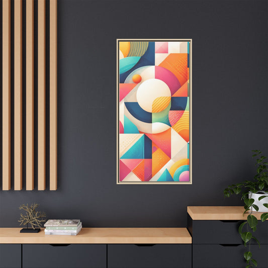 Colorful geometric abstract art on matte framed canvas by Printify, featuring vibrant shapes and modern design.