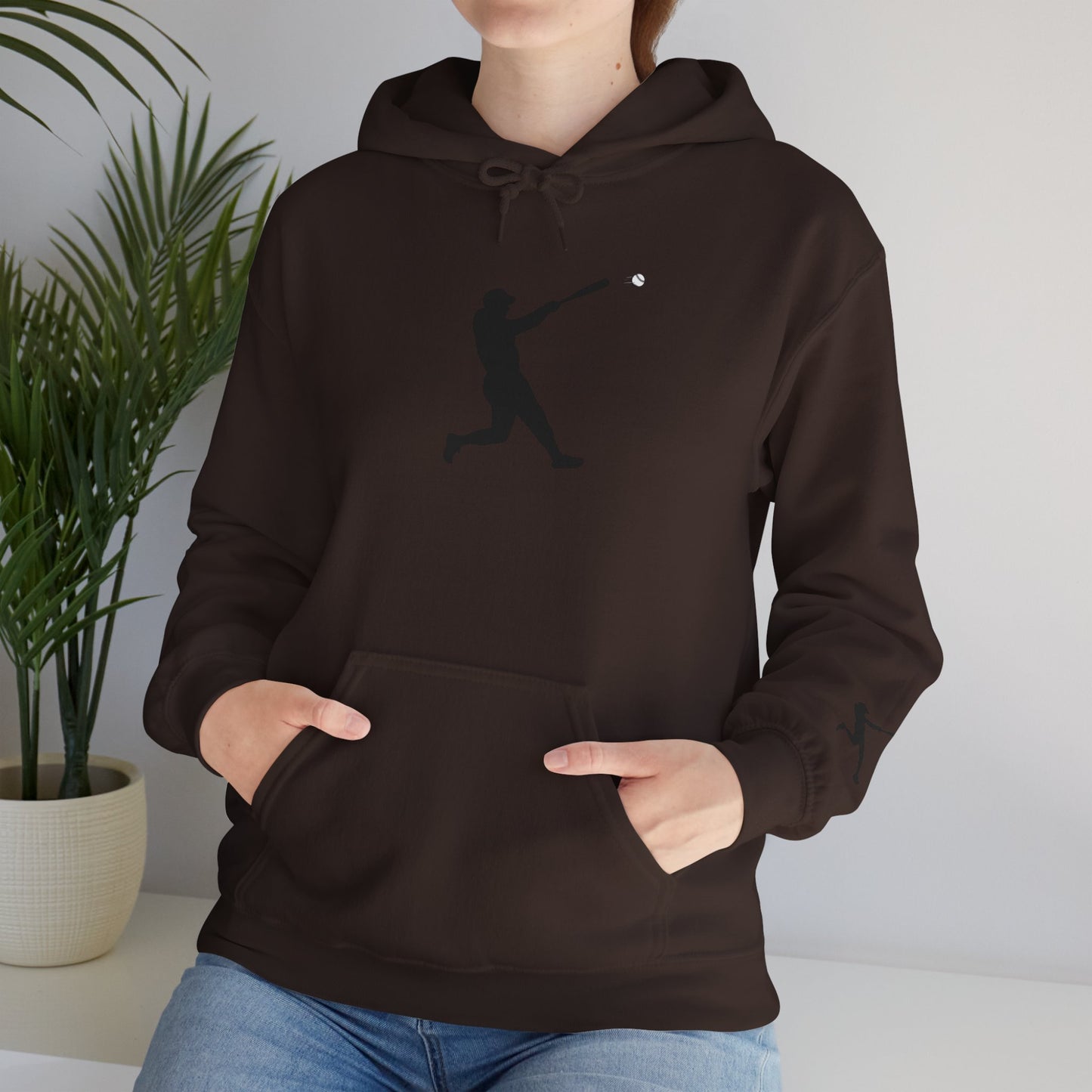 Black baseball batter silhouette hoodie by Printify, minimalist sports pullover with a bold bat and player design.