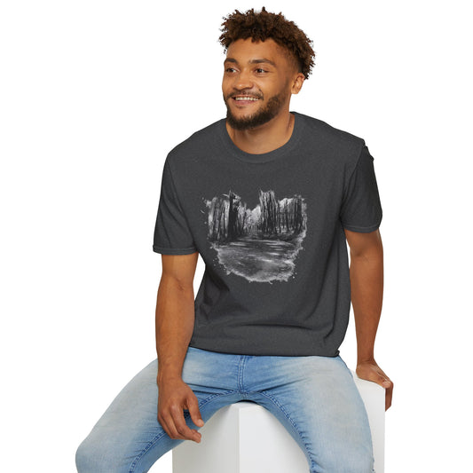 Black and white nature-inspired T-shirt by Printify featuring autumn outdoor style and cozy, casual design.