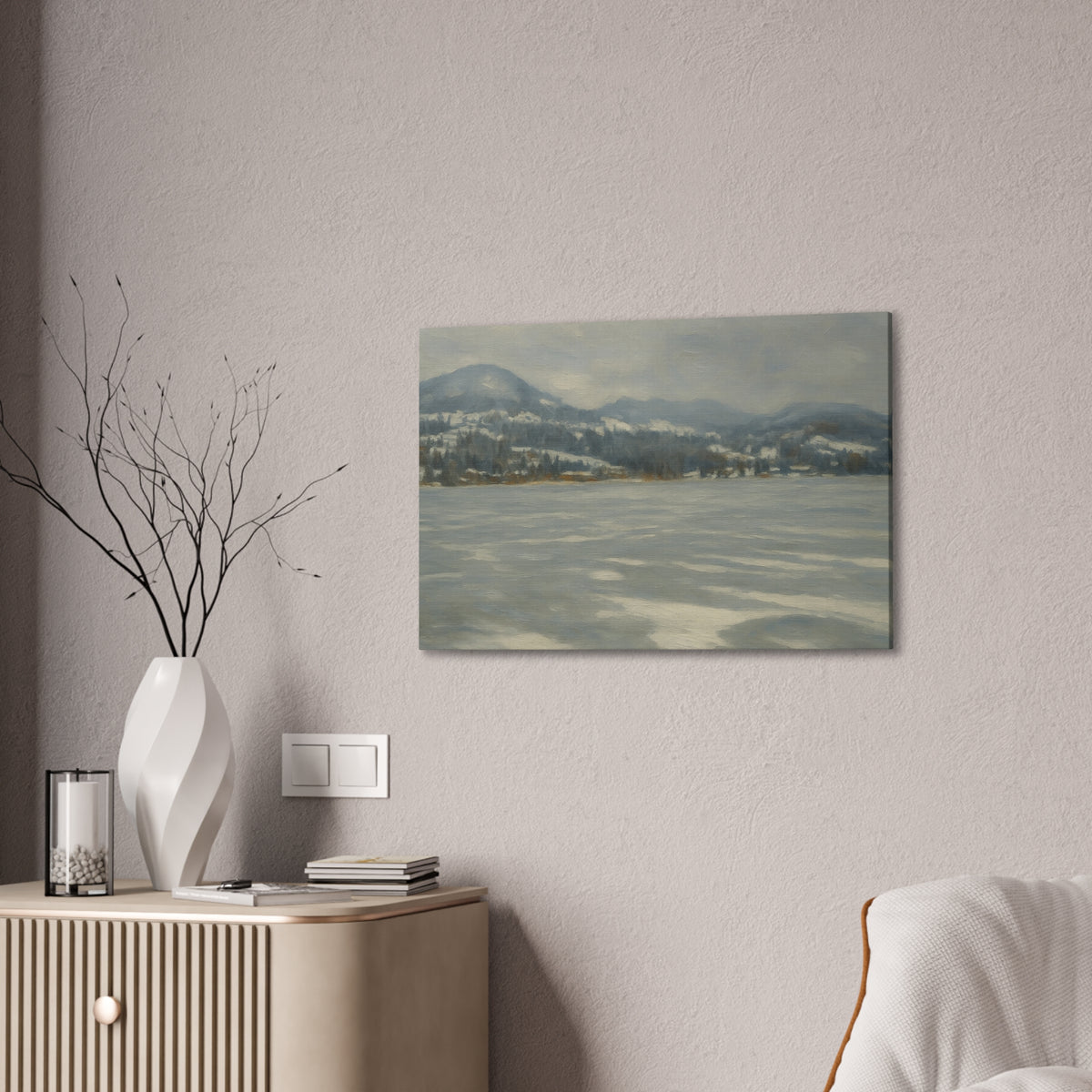 Winter lake landscape canvas print by Printify showing a serene snowy mountain scene with calm water and winter trees.