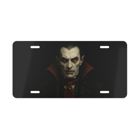 Gothic horror vampire portrait vanity license plate with dark, artistic vampire face design, perfect for car accessories.