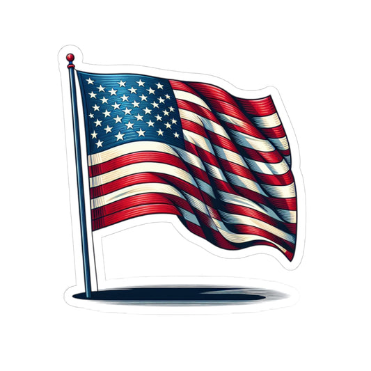 Waving American flag kiss-cut sticker from Printify, ideal for laptops, cars, and water bottles, featuring vibrant USA decal design.