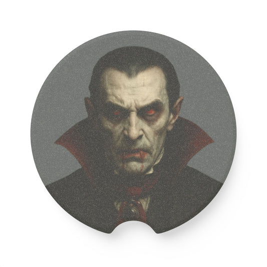Soapstone Vampire Dracula car coaster by Printify, featuring a detailed vampire design as a drink holder for vehicle cup holders.