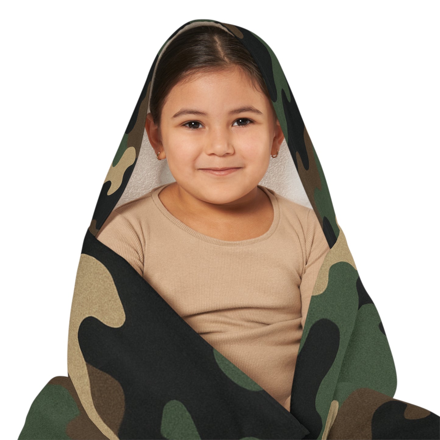 Kids camo hooded towel with all-over print, ideal for bath, beach, or pool, featuring playful camouflage design by Printify.