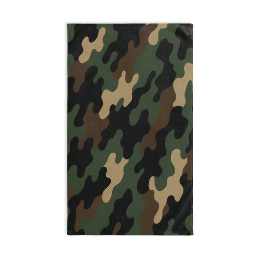 Military-style camo hand towel by Printify, featuring rugged camouflage pattern ideal for hunters, campers, and bath decor.