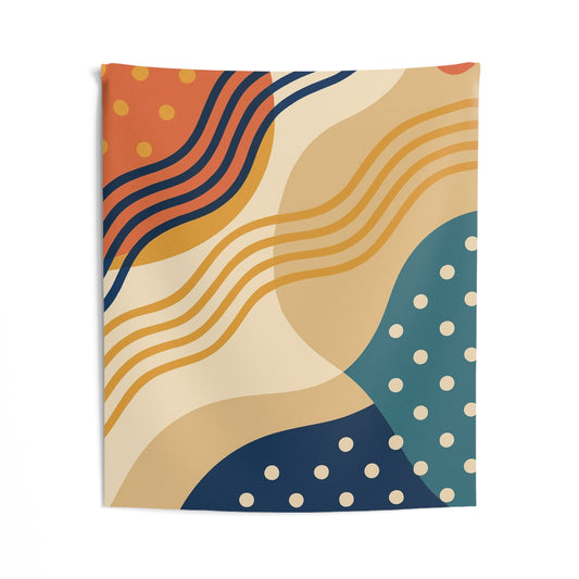 Abstract retro wave wall tapestry featuring vibrant midcentury boho design, perfect for modern home decor.