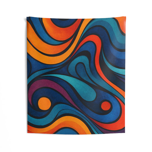 Vibrant abstract retro swirl wall tapestry by Printify featuring colorful boho psychedelic design for home decor.