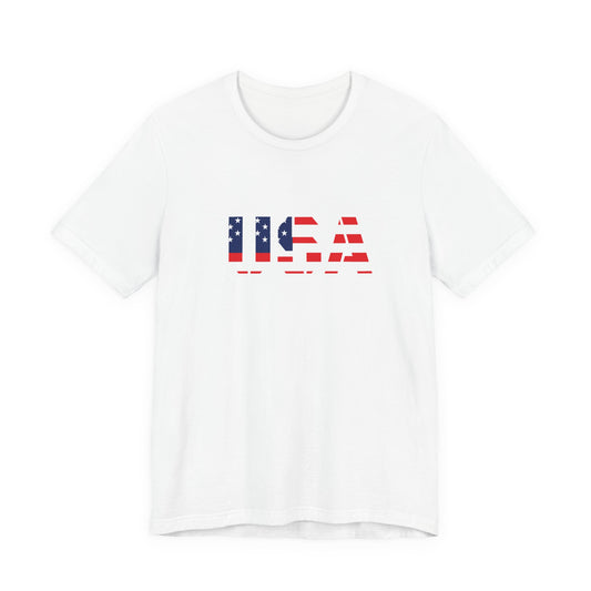 USA Flag Text T-shirt by Printify featuring patriotic Fourth of July design, with bold flag graphics and "USA" text on a casual tee.