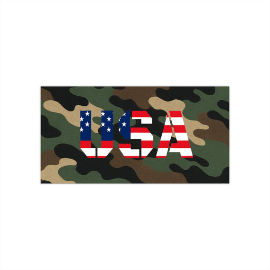 USA flag camo bumper sticker with patriotic military camouflage design on paper material