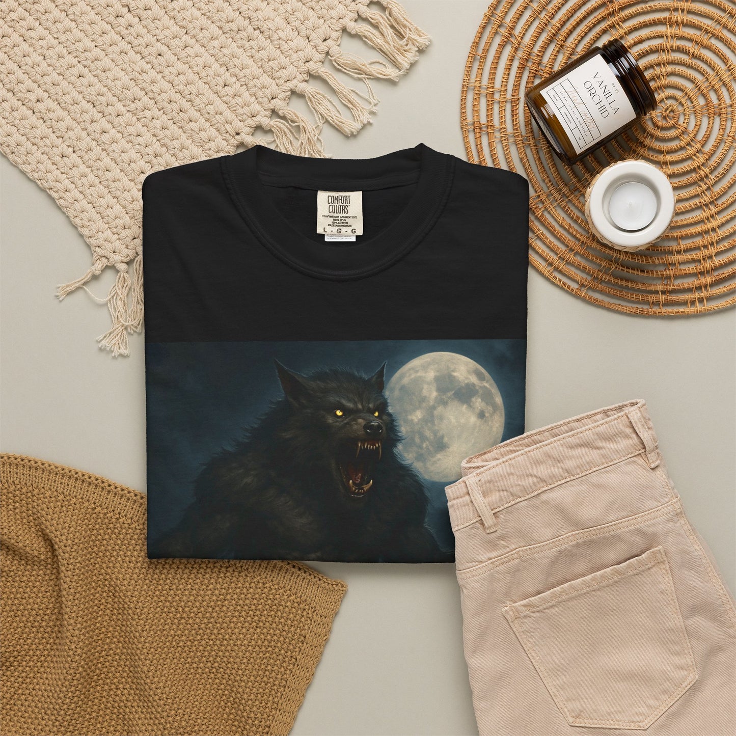 Black Werewolf Moon Graphic T-Shirt by Printify featuring a detailed moon and werewolf design on soft cotton fabric.
