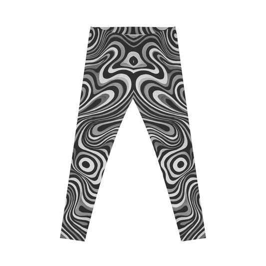 Black and white swirl psychedelic print leggings with all-over retro pattern from Printify, showcasing vibrant, bold design.