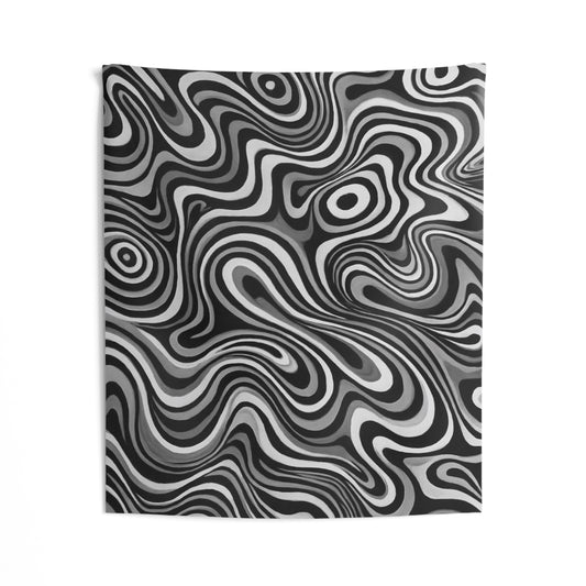 Black and white psychedelic swirl wall tapestry featuring retro optical art design, ideal for modern home decor.