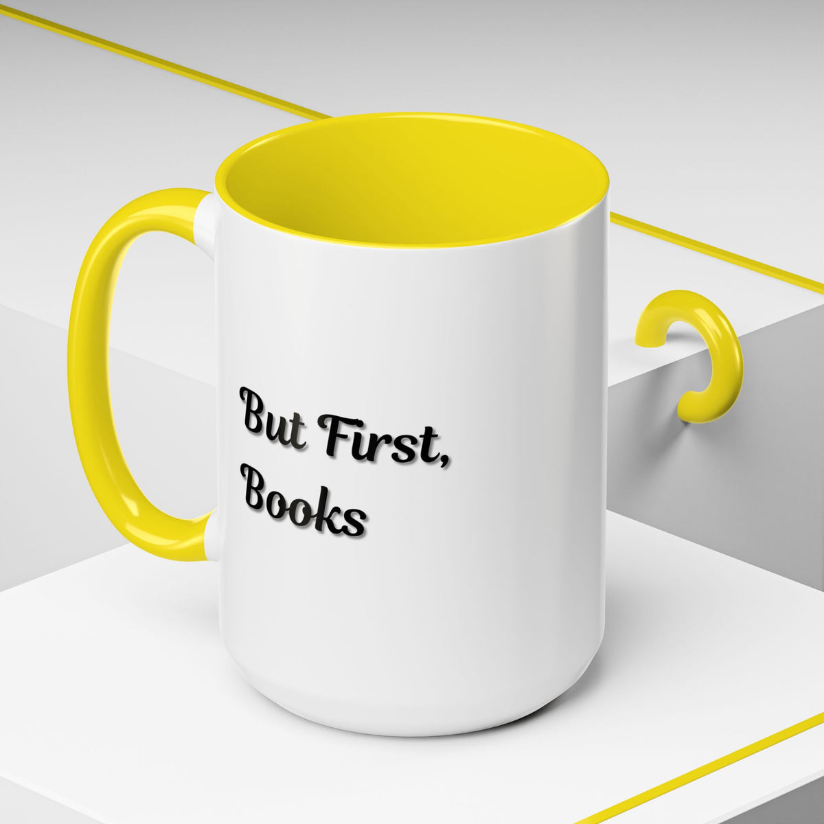 Printify "But First, Books" coffee mug featuring a book lover design in 11oz and 15oz sizes, ceramic drinkware for book enthusiasts.