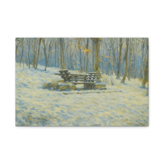 Snowy park bench matte canvas print featuring winter woodland scene, stretched 1.25 inches, ideal for nature-inspired wall decor.