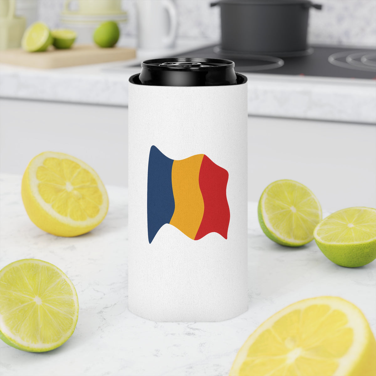 Romania flag can cooler, insulated beer koozie with waving tricolor design, made by Printify, perfect for keeping drinks cold