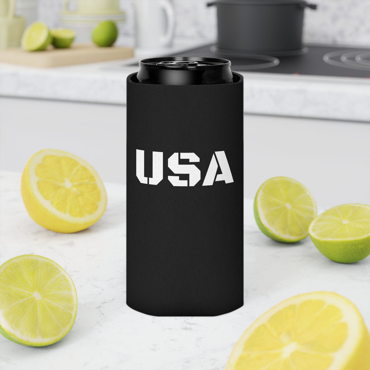 Patriotic neoprene can cooler with USA flag design, branded as Printify, designed to keep drinks cold and showcase American pride.