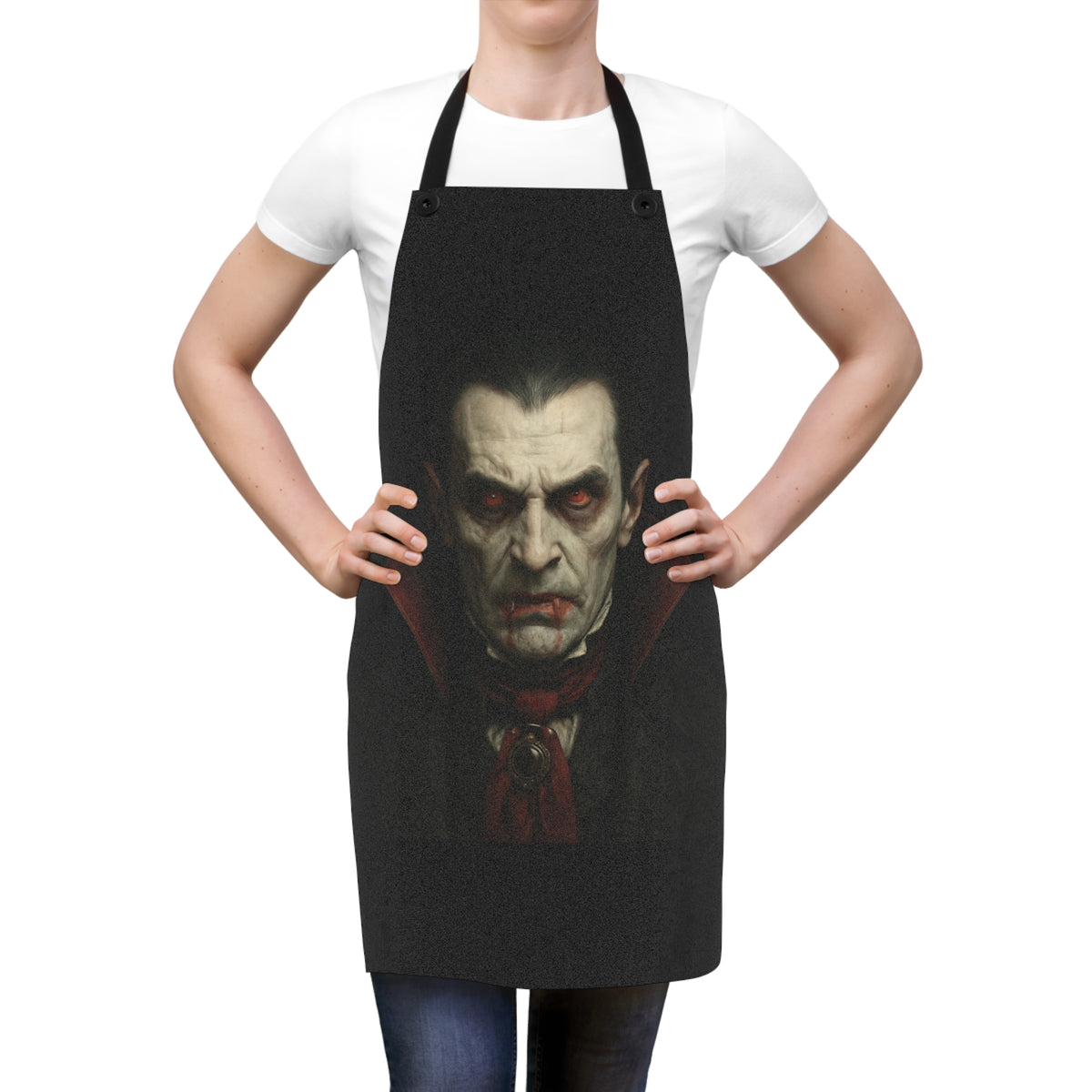 Gothic vampire Dracula apron featuring a spooky design, perfect for Halloween cooking and themed accessories.