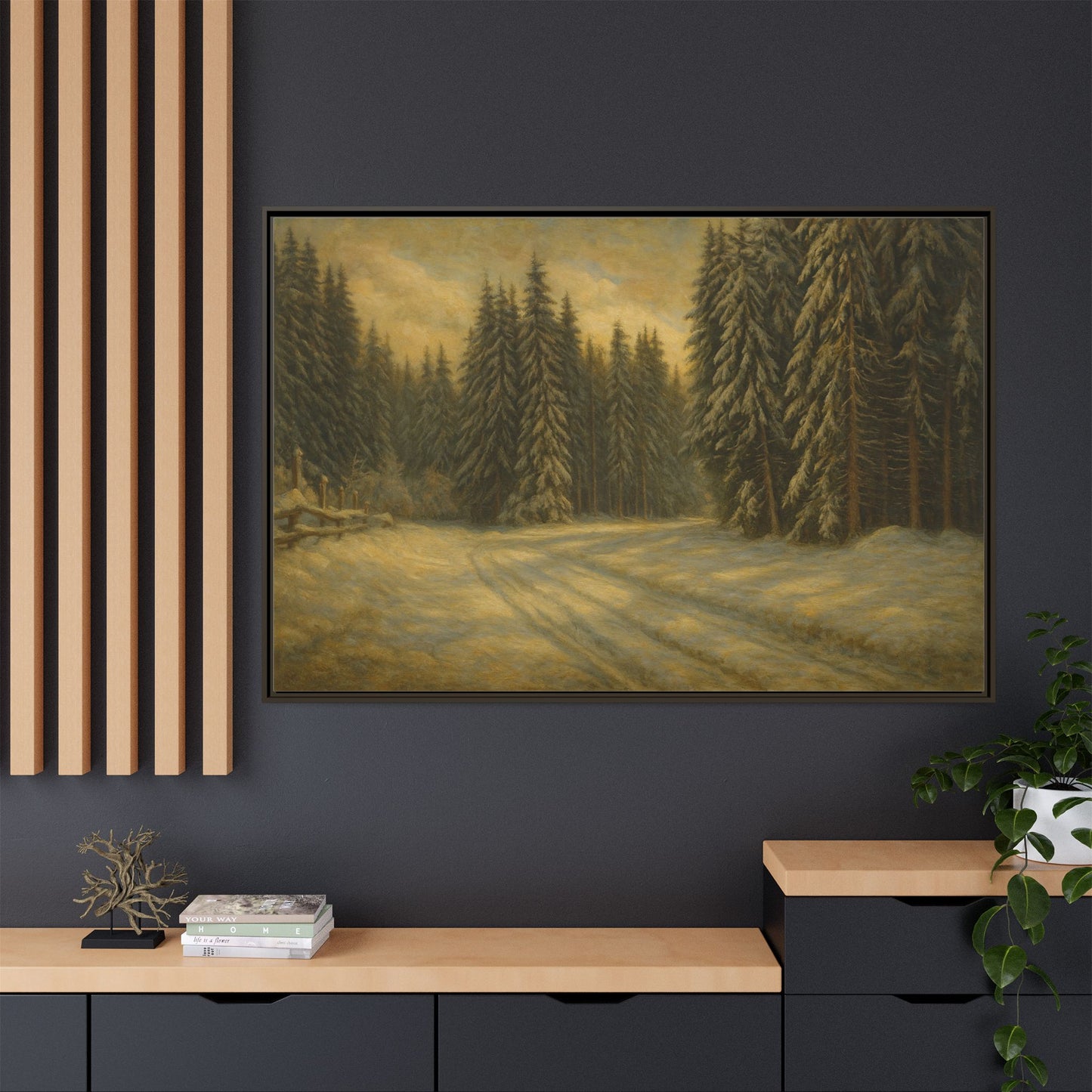 Framed matte canvas print of winter forest landscape wall art by Printify, featuring snowy trees and serene woodland scene.