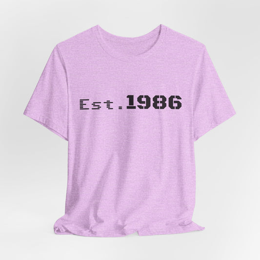 Vintage Est. 1986 T-Shirt by Printify featuring a classic design celebrating a birth year, made from soft cotton fabric.