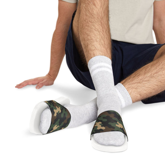 Men's camo slide sandals by Printify with removable strap, casual pool slides, lightweight and comfortable footwear.